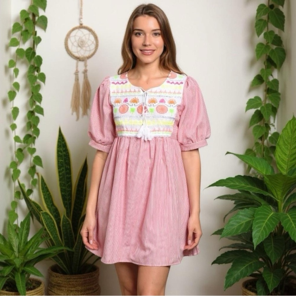 Embroidered Bohemian Colorful Tunic Dress Size M